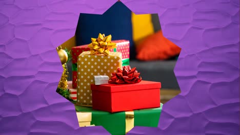 Animation-Eines-Sternförmigen-Rahmens-Mit-Weihnachtsgeschenken-Im-Hintergrund