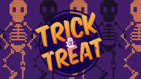 Animation-of-trick-or-treat-over-purple-background-with-moving-skeletons