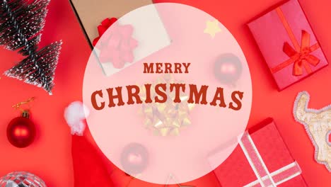Animation-of-happy-christmas-text-over-presents-on-red-background