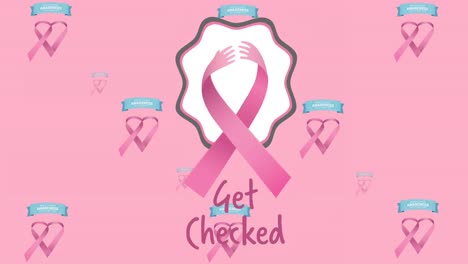 Animation-of-get-checked-text-with-pink-ribbon-on-pink-background