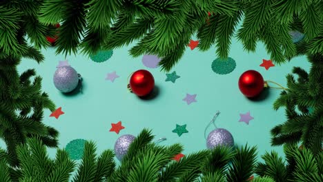 Animation-of-christmas-fir-tree-frame-over-baubles-on-green-background
