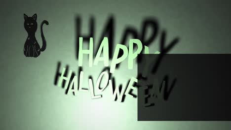 Animation-of-happy-halloween-and-black-cat-on-light-green-background