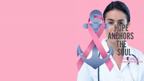 Animation-of-breast-cancer-awareness-text-over-smiling-biracial-female-doctor-on-pink-background