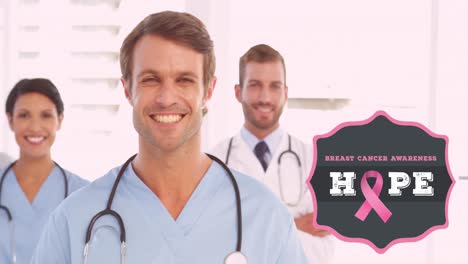 Animation-of-breast-cancer-awareness-text-over-smiling-diverse-doctors-at-hospital