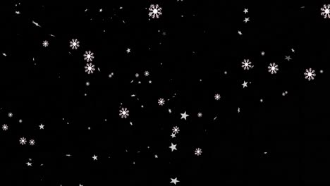 Animation-Von-Weihnachtssternen-Und-Schneeflocken,-Die-Auf-Schwarzen-Hintergrund-Fallen