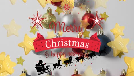 Animation-of-merry-christmas-and-decorations-over-white-background-with-baubles-and-starts