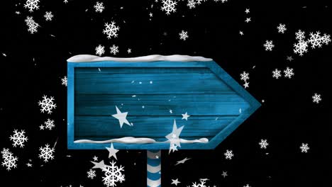 Animation-of-christmas-snowflakes-falling-over-wooden-sign-on-black-background