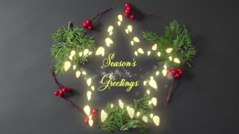 Animation-of-seasons-greetings-and-star-shape-christmas-lights-over-grey-background