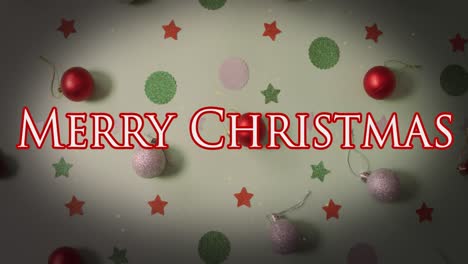 Animation-of-merry-christmas-over-grey-background-with-baubles