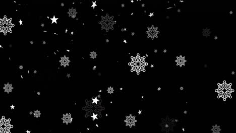 Animation-Von-Weihnachtsschneeflocken-Und-Sternen,-Die-Auf-Schwarzen-Hintergrund-Fallen