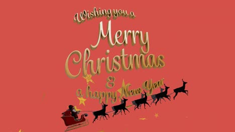 Animation-of-wishing-you-merry-christmas-over-orange-background-with-santa-sleigh