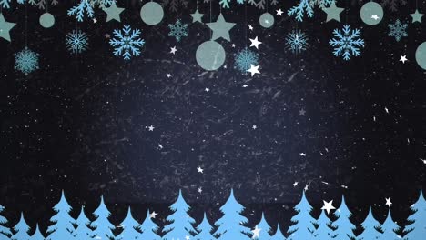 Animation-of-christmas-stars-falling-over-black-background-with-fir-trees-and-decorations