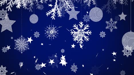 Animation-of-christmas-snowflakes-and-stars-falling-over-dark-blue-background