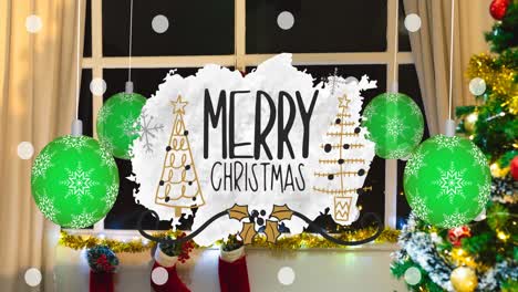 Animation-of-merry-christmas-text-and-tree-on-blurred-decorations-in-background