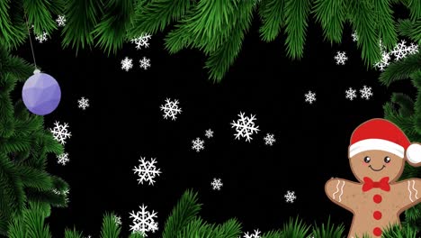 Animation-of-christmas-fir-tree-frame-over-snow-and-snowman-on-black-background