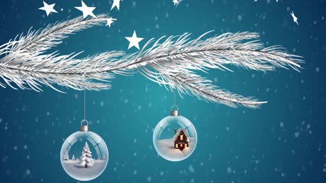 Animation-of-stars-falling-over-branch-with-christmas-baubles-on-blue-background