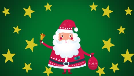 Animation-of-christmas-stars-and-santa-claus-with-bell-on-green-background
