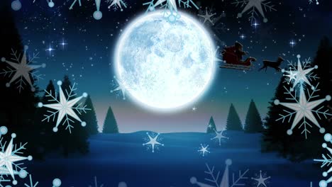 Animation-Von-Schneeflocken,-Die-über-Die-Nächtliche-Weihnachtswinterlandschaft-Mit-Dem-Weihnachtsmann-Im-Schlitten-Fallen