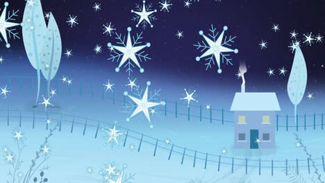 Animation-Von-Schneeflocken,-Die-über-Schnee-Fallen,-Weihnachtswinterlandschaft-Mit-Haus