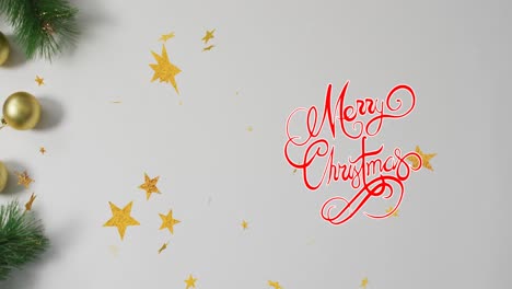 Animation-Von-Fallenden-Sternen,-Fröhlicher-Weihnachtstext-Auf-Weißem-Hintergrund