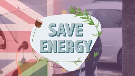 Save-energy-text-over-flag-of-great-britain-and-man-charging-electric-car