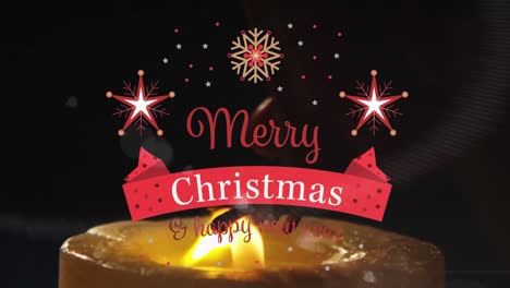 Animation-of-merry-christmas-text-over-decorations-and-candle-on-black-background