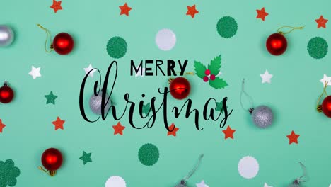 Animation-of-merry-christmas-text-and-decorations-on-green-background