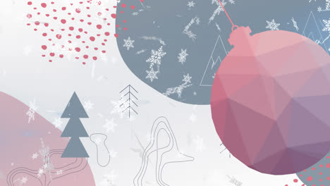 Animation-of-snow-falling-over-christmas-bauble-and-trees