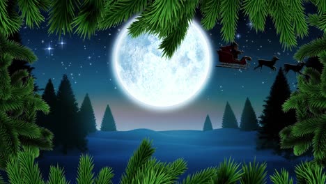 Animation-of-christmas-fir-tree-frame-over-night-winter-landscape-with-santa-claus
