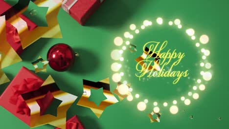 Animation-of-happy-holidays-christmas-text-over-decorations-on-green-background