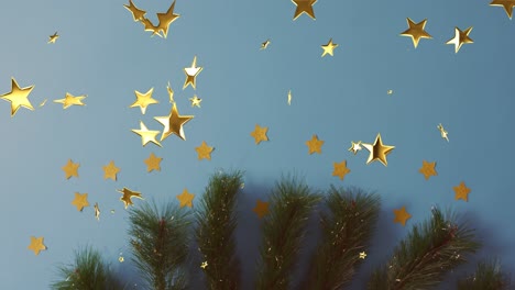 Animation-Von-Weihnachtssternen,-Die-über-Einen-Tannenzweig-Auf-Blauem-Hintergrund-Fallen
