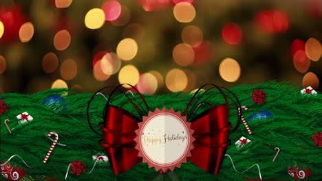 Animation-of-seasons-greetings-over-fairy-lights,-christmas-wreath-and-decorations