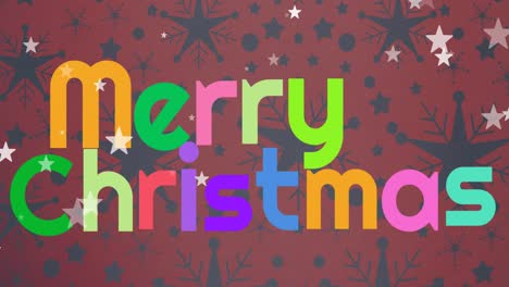 Animation-of-colorful-merry-christmas-over-stars,-snowflakes-on-red-background
