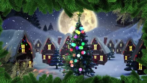 Animation-Eines-Tannenbaumrahmens-über-Der-Winterstadt-Mit-Weihnachtsbaum-Und-Weihnachtsmannschlitten
