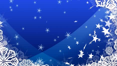 Animation-Von-Weihnachtsschneeflocken-Und-Sternen,-Die-Auf-Blauen-Hintergrund-Fallen