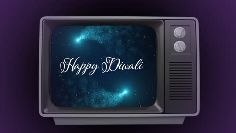 Animation-of-happy-diwali-over-fireworks-on-retro-tv-screen