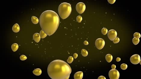 Animation-of-golden-balloons-floating-on-black-background