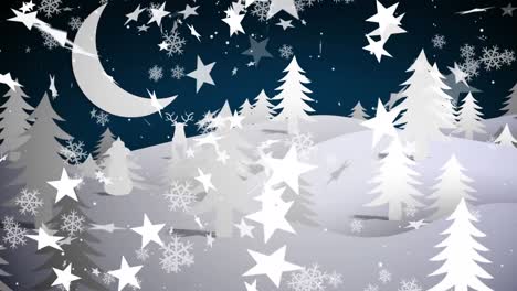 Animation-Von-Weihnachtssternen,-Die-Mit-Dem-Weihnachtsmannschlitten-über-Die-Nächtliche-Winterlandschaft-Fallen