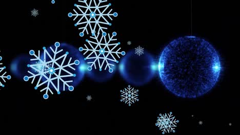 Animation-of-christmas-snowflakes-and-baubles-on-black-background