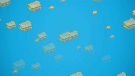 Animation-of-multiple-cheese-sandwiches-floating-on-blue-background