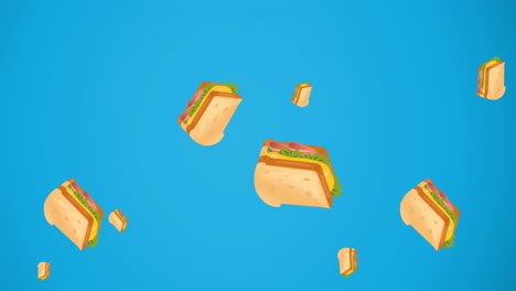 Animation-Mehrerer-Käsesandwiches,-Die-Auf-Blauem-Hintergrund-Schweben