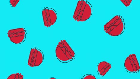 Animation-of-multiple-red-hamburgers-floating-on-blue-background