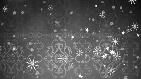 Animation-Von-Weihnachtsschneeflocken-Und-Sternen,-Die-Auf-Einen-Grauen,-Dekorativen-Hintergrund-Fallen