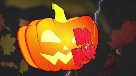 Animation-Von-Blättern,-Die-über-Fröhlichen-Halloween-Text-Und-Kürbislaternen-Auf-Schwarzem-Hintergrund-Fallen
