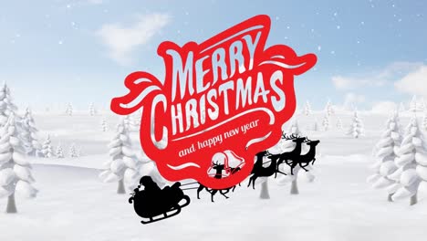 Animation-of-christmas-seasons-greetings-over-santa-claus-in-sleigh-and-snow-falling-in-winter
