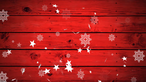 Animation-Von-Weihnachtssternen-Und-Schneeflocken,-Die-über-Roten-Holzhintergrund-Fallen
