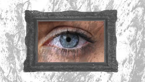 Animation-of-frame-with-eye-over-moving-grey-and-white-background
