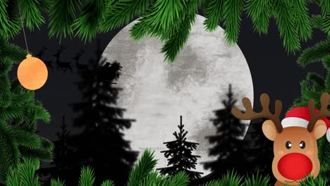 Animation-of-christmas-tree-frame-over-full-moon-with-santa-in-sleigh