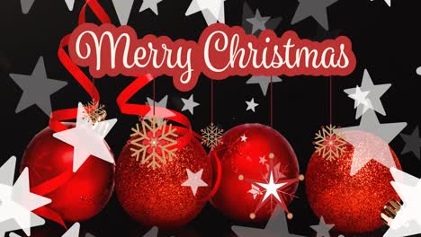 Animation-of-merry-christmas-and-baubles-on-black-background