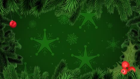 Animation-of-christmas-fir-tree-frame-over-snowflakes-on-green-background